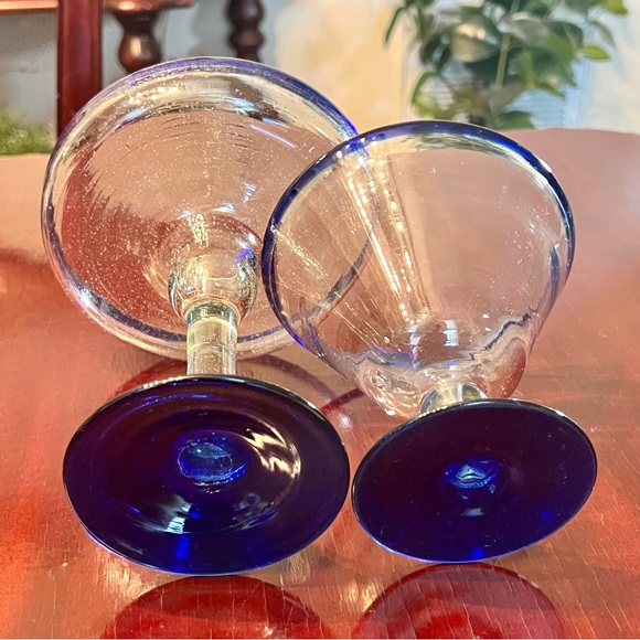 2 Mexican Hand Blown Cocktail Glasses Margarita Martini Blue Rim Recycled Glass - Picture 8 of 12